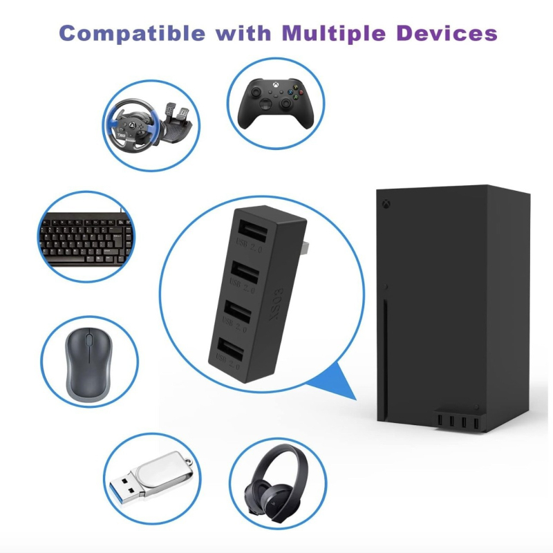 Xbox Series S USB docking stacija XS01 ar 4 USB 2.0 portiem, tieša pieslēgšana, ABS materiāls.