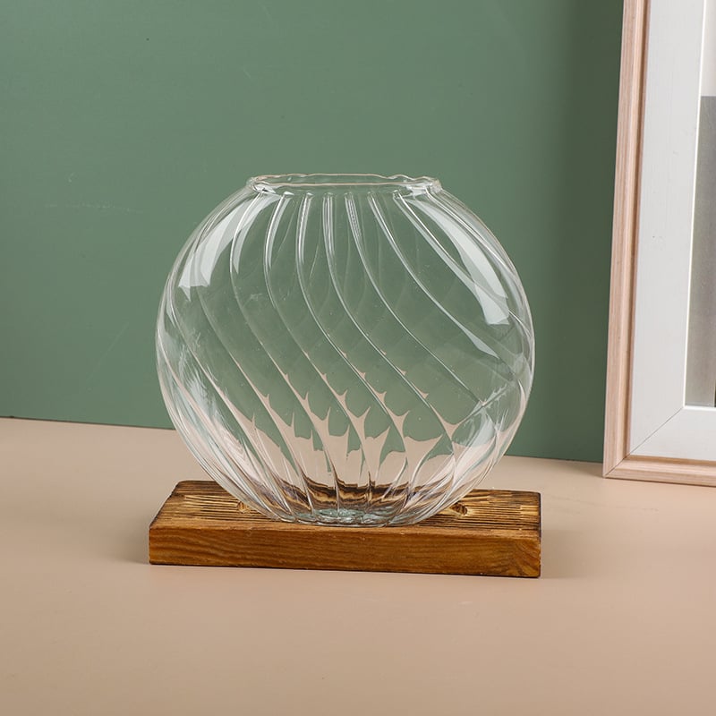 Biuro stalo vaza hidroponiniam vandens auginimui, stiklas pūtimas, poliruotas paviršius, šiaurietiškas minimalistinis stilius, geometrinis dizainas