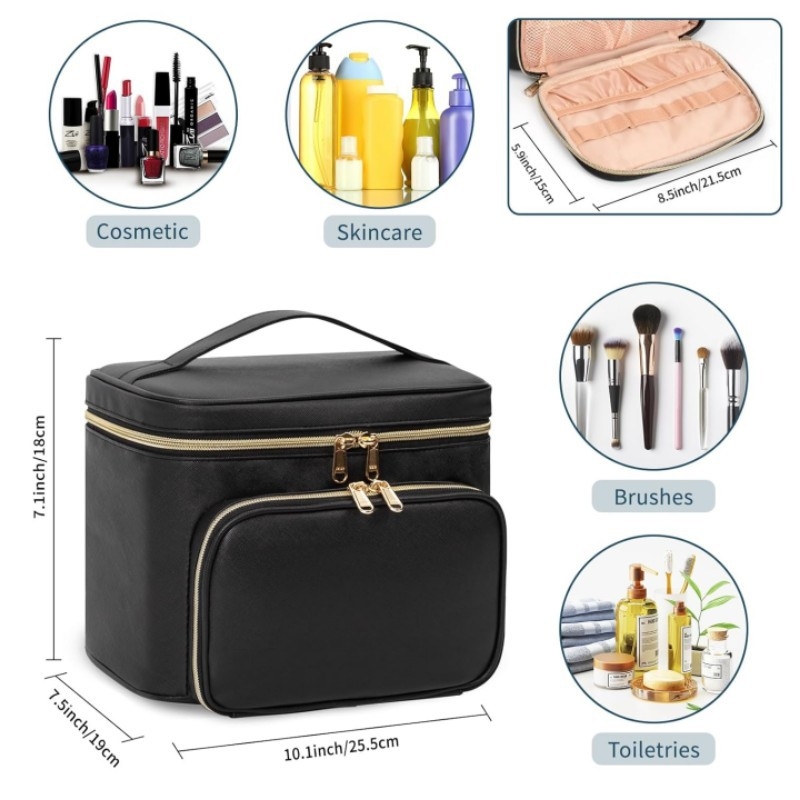 Geantă cosmetică de voiaj portabilă cu compartiment pentru pensule și mâner — piele, căptușeală PU, stil urban minimalist