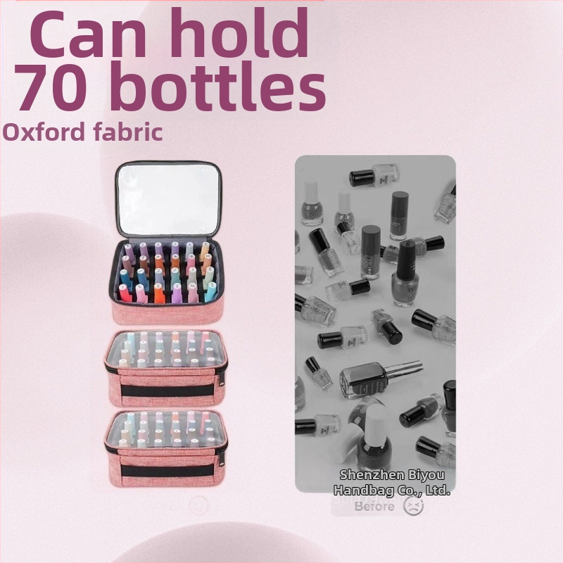 Чанта за съхранение на лак за нокти с три слоя на колела, побира до 70 бутилки, изработена от Oxford плат, водоустойчива.