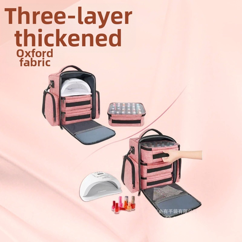 Чанта за съхранение на лак за нокти с три слоя на колела, побира до 70 бутилки, изработена от Oxford плат, водоустойчива.