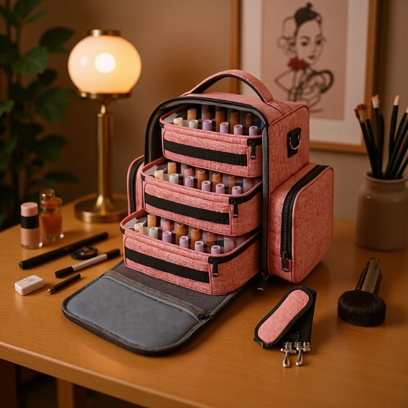 Trysluoksnė nagų lako laikymo maišelis su ratukais, talpina iki 70 butelių, iš Oxford audinio, atsparus vandeniui.