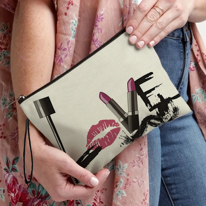 Geantă de buze și machiaj cu fermoar – organizator portabil pentru utilizare zilnică, poliester, model cu litere, căptușeală poliester, respirabil, ultra-ușoară
