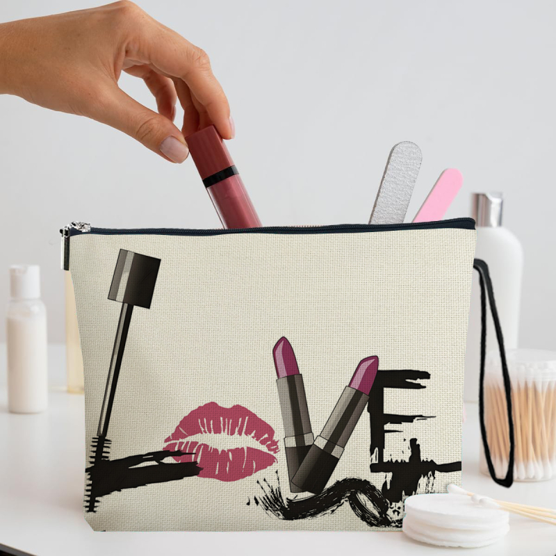 Geantă de buze și machiaj cu fermoar – organizator portabil pentru utilizare zilnică, poliester, model cu litere, căptușeală poliester, respirabil, ultra-ușoară
