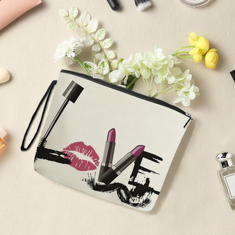 Geantă de buze și machiaj cu fermoar – organizator portabil pentru utilizare zilnică, poliester, model cu litere, căptușeală poliester, respirabil, ultra-ușoară