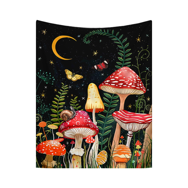 Sieninis gobelenas: Fantazijos grybų augalų raštas su drugeliais ir mėnuliu — miegamojo sienai dekoras, poliesterio pluoštas, 100% turinys, mašininiu audimu, stačiakampė forma