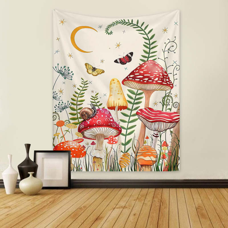 Sieninis gobelenas: Fantazijos grybų augalų raštas su drugeliais ir mėnuliu — miegamojo sienai dekoras, poliesterio pluoštas, 100% turinys, mašininiu audimu, stačiakampė forma