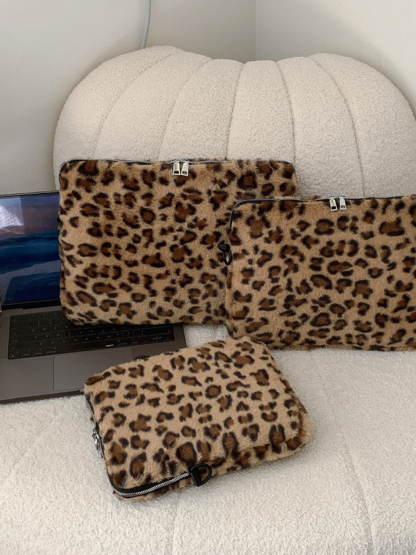 Pliušinė nešiojamojo kompiuterio rankinė su leopardo atspaudų modeliu, moterims, gatvės stilius, poliesterio pamušalas