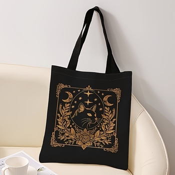 Дамска чанта с принт котка и луна, платнена чанта с хоризонтална квадратна форма, начин на отваряне: отворено, подплата: платнена, презрамки: двойни дръжки