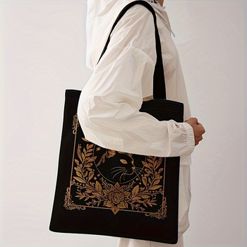 Дамска чанта с принт котка и луна, платнена чанта с хоризонтална квадратна форма, начин на отваряне: отворено, подплата: платнена, презрамки: двойни дръжки