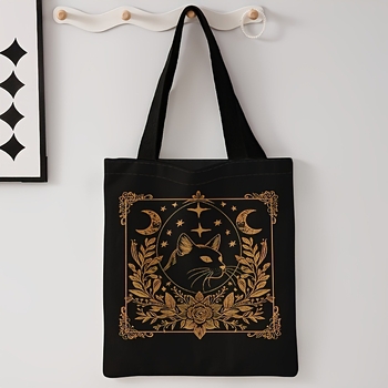 Дамска чанта с принт котка и луна, платнена чанта с хоризонтална квадратна форма, начин на отваряне: отворено, подплата: платнена, презрамки: двойни дръжки