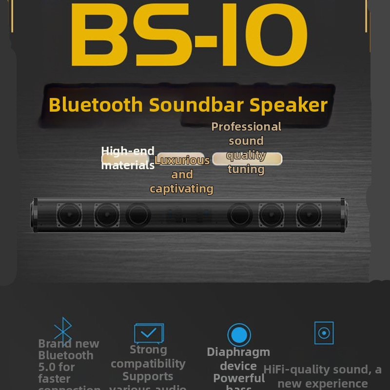 BS10 Дълъг саундбар Bluetooth 5.0 с дълбок бас, RCA вход за телевизор, вградена 2000 mAh батерия, USB захранване, обхват до 15 м