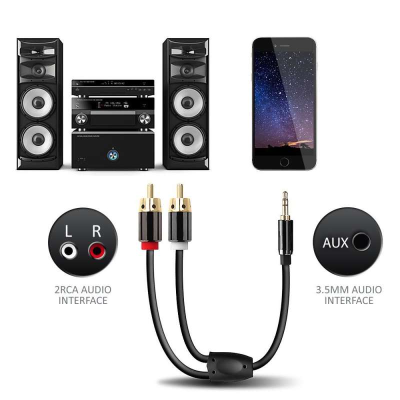 AV кабел 3,5 мм към 2 RCA, златно покритие, мед без кислород (OFC), PVC обвивка, RoHS сертифициран