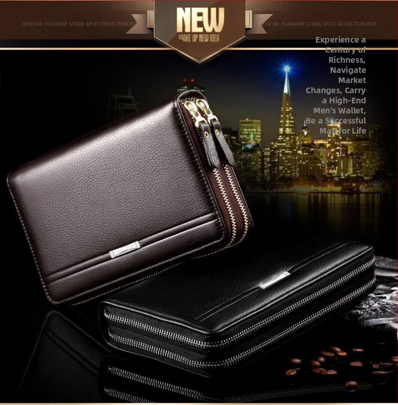 Powerful Paul PU odinė unisex piniginė su dvigubu užtrauktuku, kuverto stiliaus dizainas, banknotų kilpa ir kelios kortelių kišenės