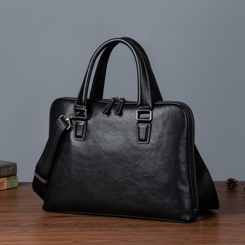 Vyrinė odinė verslo rankinė su pečių dirželiu, iš pirmosios sluoksnio veršienos odos, horizontalaus kvadrato formos, užtrauktukas