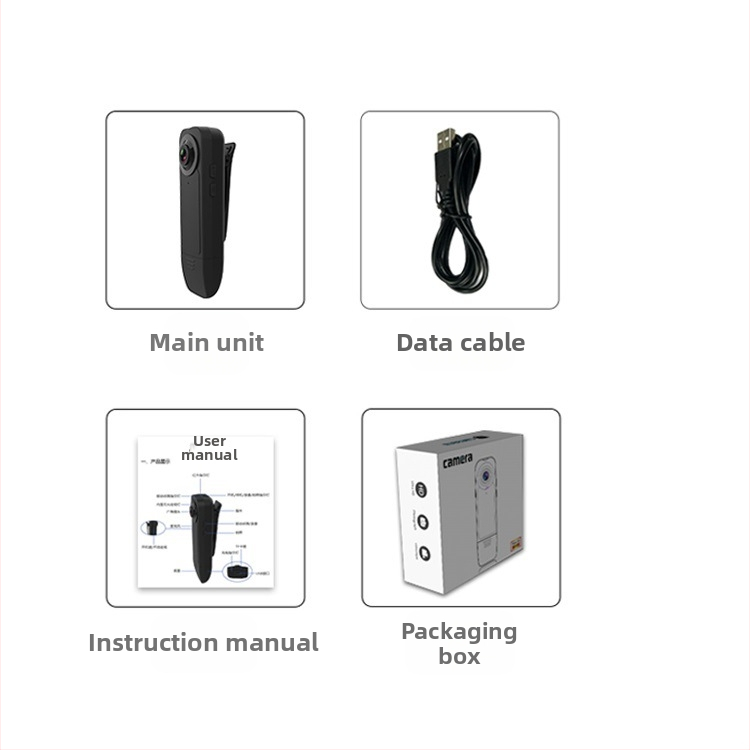 A18 HD vaizdo kamera su laikikliu — 1080p vaizdo įrašai ir nuotraukos, TF kortelių saugykla, 120 min baterija, modelis A18