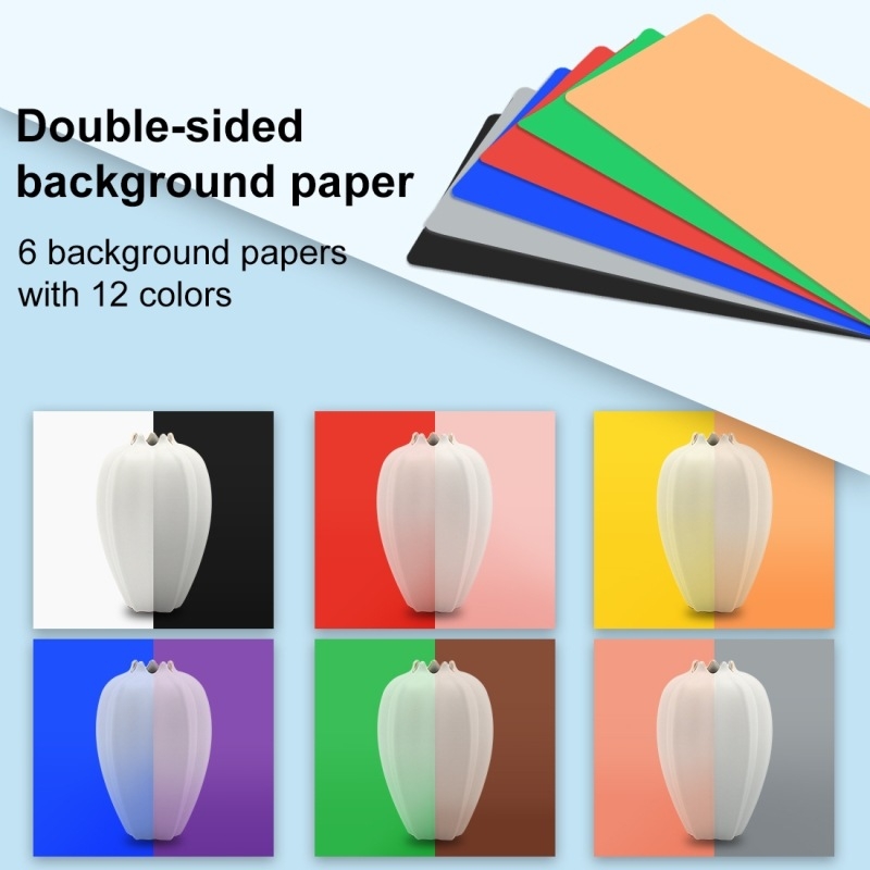 Kompakti studijos fotografinės šviesos dėžutė, reguliuojamas apšvietimas su trim spalvų temperatūromis, įtraukti žiedinės šviesos lazda ir 12 foninių popierių