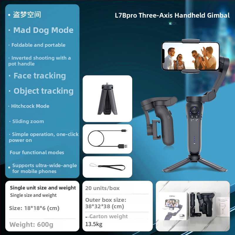 3 ašis išmanųjį telefoną stabilizatorius su veido fiksavimu, lengvas rankinis stabilizavimas, ABS+PC korpusas, suderinamas su Android/iOS, horizontali 340°, vertikali 160° sukimai, svoris 348 g