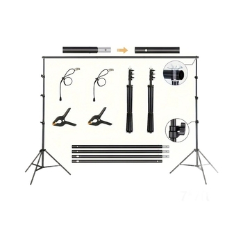 Fono laikiklis tiesioginei produktų fotografijai; medžiaga: geležis + aliuminio lydinys; universalus teleskopinis stovas; įtrauktas saugojimo krepšys; svoris 2,2–2,4 kg