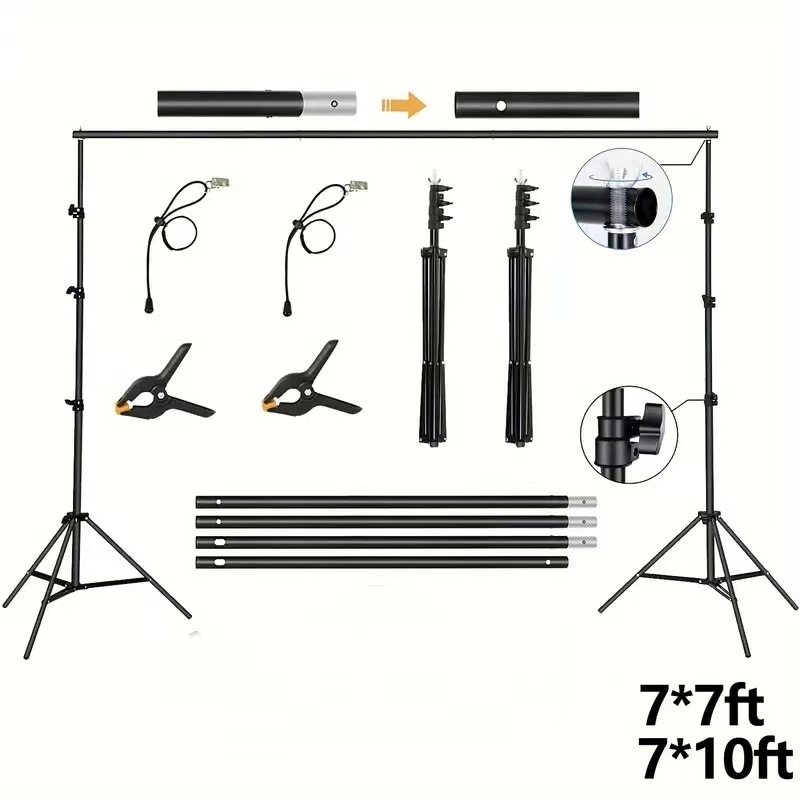 Fono laikiklis tiesioginei produktų fotografijai; medžiaga: geležis + aliuminio lydinys; universalus teleskopinis stovas; įtrauktas saugojimo krepšys; svoris 2,2–2,4 kg