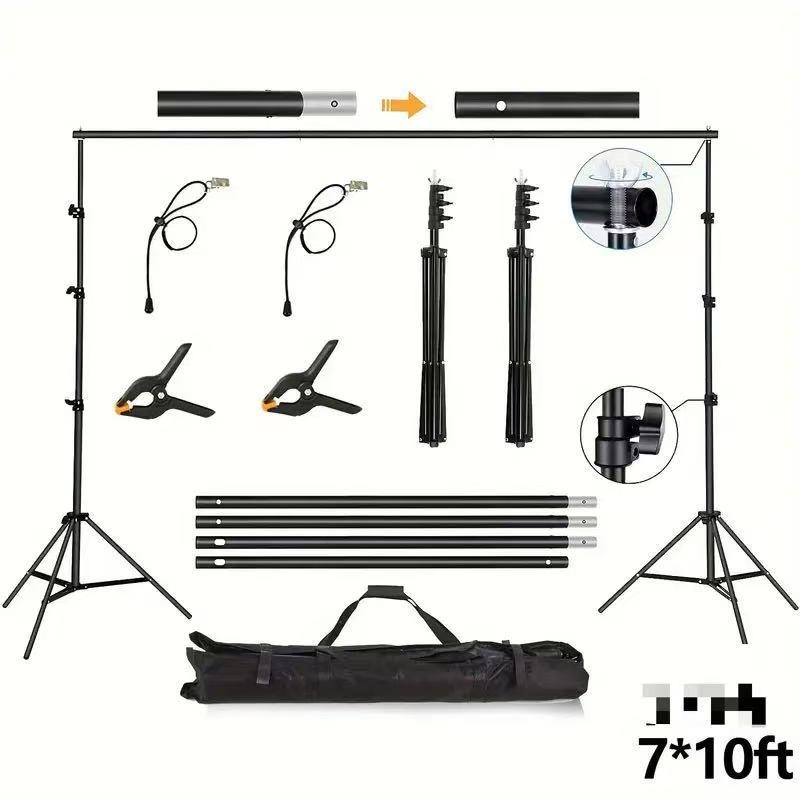 Fono laikiklis tiesioginei produktų fotografijai; medžiaga: geležis + aliuminio lydinys; universalus teleskopinis stovas; įtrauktas saugojimo krepšys; svoris 2,2–2,4 kg