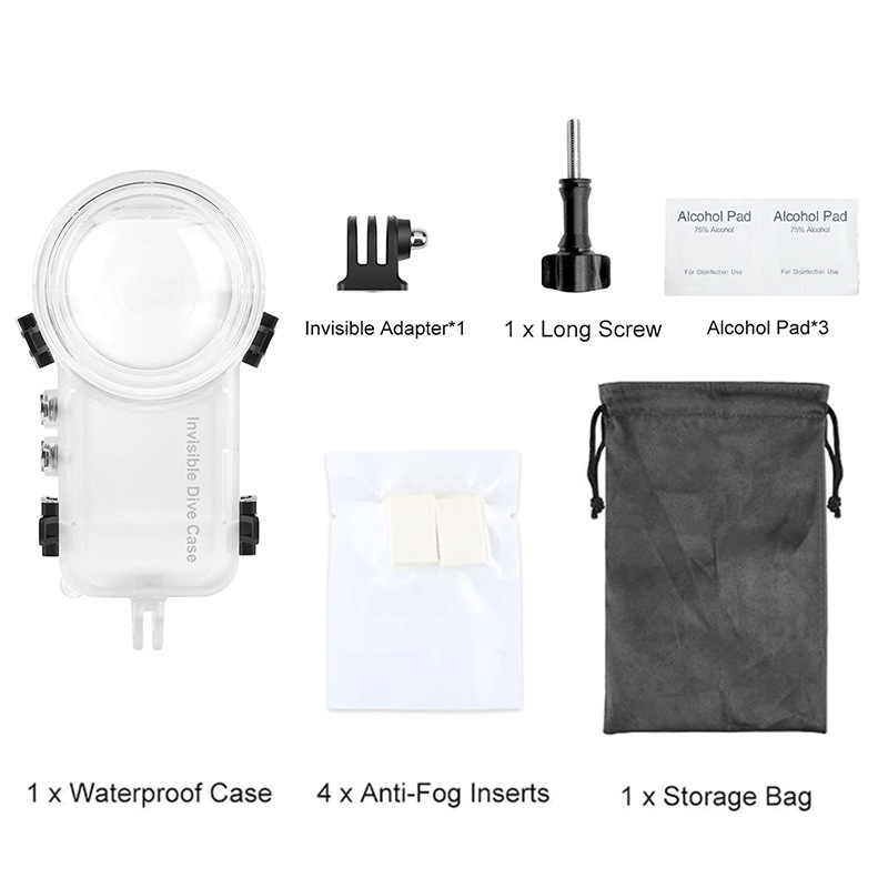 Insta360 X4/X5 atsparus vandeniui korpusas – 360° nematomas dizainas, nardymo apsauga, medžiaga PC/PMMA, įtrauktas anti-fog lakštas