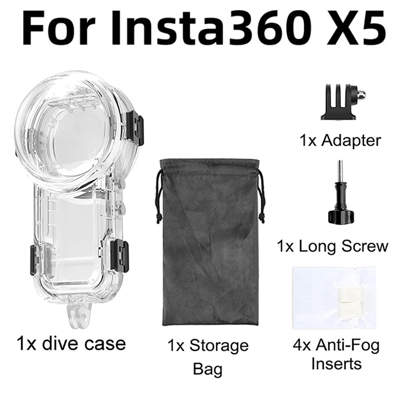 Insta360 X4/X5 atsparus vandeniui korpusas – 360° nematomas dizainas, nardymo apsauga, medžiaga PC/PMMA, įtrauktas anti-fog lakštas