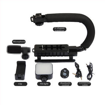 U formos nešiojamas vaizdo stabilizatorius su LED apšvietimu mobiliems telefonams; 2W LED, 6500K, 3V maitinimas, ryškumo reguliavimas