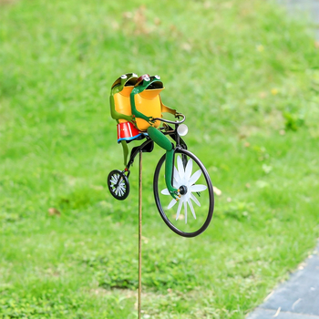 Σφυρηλατημένο σίδερο βάτραχος που ιππεύει ποδήλατο – διακοσμητικό κήπου από σίδερο