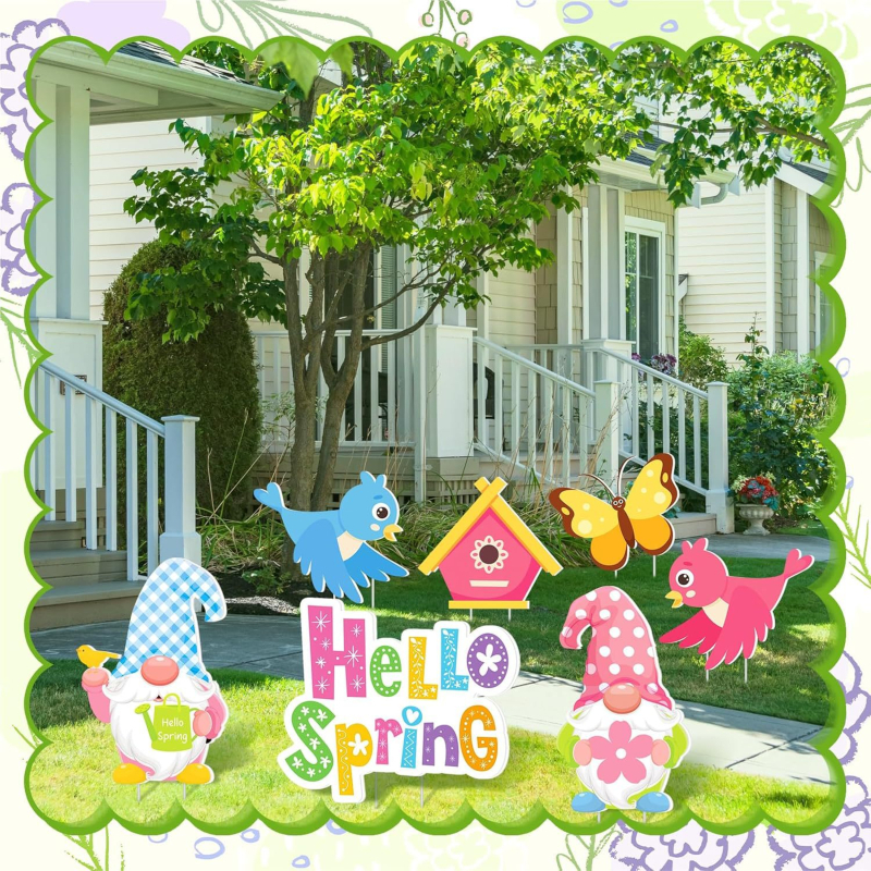 Semn de podea pentru curte cu motiv floral de primavara, albine și fluturi (Material: hârtie; Stil: primăvară; Categorie: semn de teren; Categorie produs: accesorii pentru amenajarea spațiului)