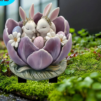 2D плосък акрилен външен градински държач за заек с цветя – скулптура и принтиране