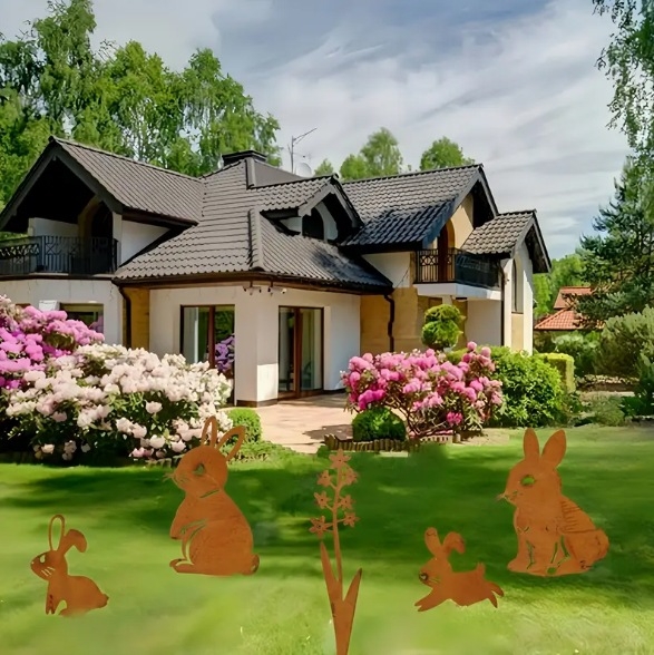 Iepure de Paște din metal ruginit, siluetă de ou — ornament pentru grădină