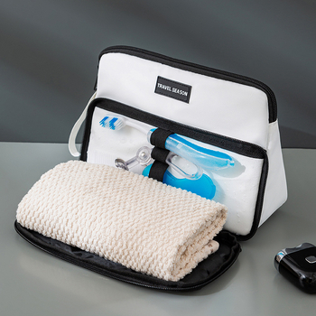 Trikampė vyriška kosmetikos rankinė kelionėms, didelė talpa, sausai–drėgnam atskyrimui, vandeniui atspari, 600D medžiaga