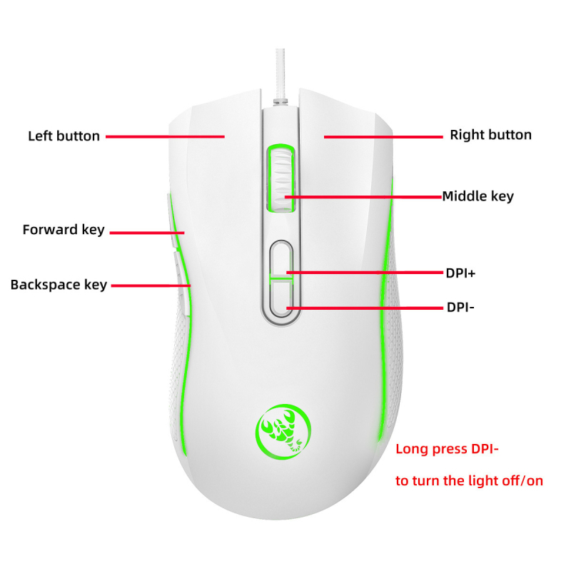 HXSJ laidinė optinė pelė, 3200 DPI, 7 mygtukų, USB, reguliuojamas DPI (4 lygiai)