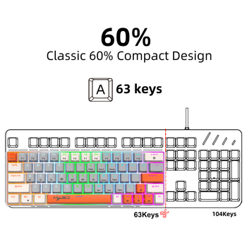 63 klavišų 60% mechaninė žaidimų klaviatūra su RGB apšvietimu, laidinė