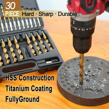 Σετ 30 τρυπανιών από χάλυβα υψηλής ταχύτητας με επίστρωση τιτανίου και εξαγωνική άκρη, σε πλαστικό κουτί
