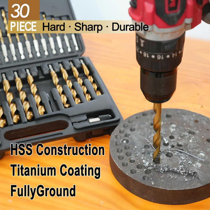 30-osaline puuride komplekt kiirterasest terasest titaniumpinnaga ja kuuskantse varrega, plastikust karbis