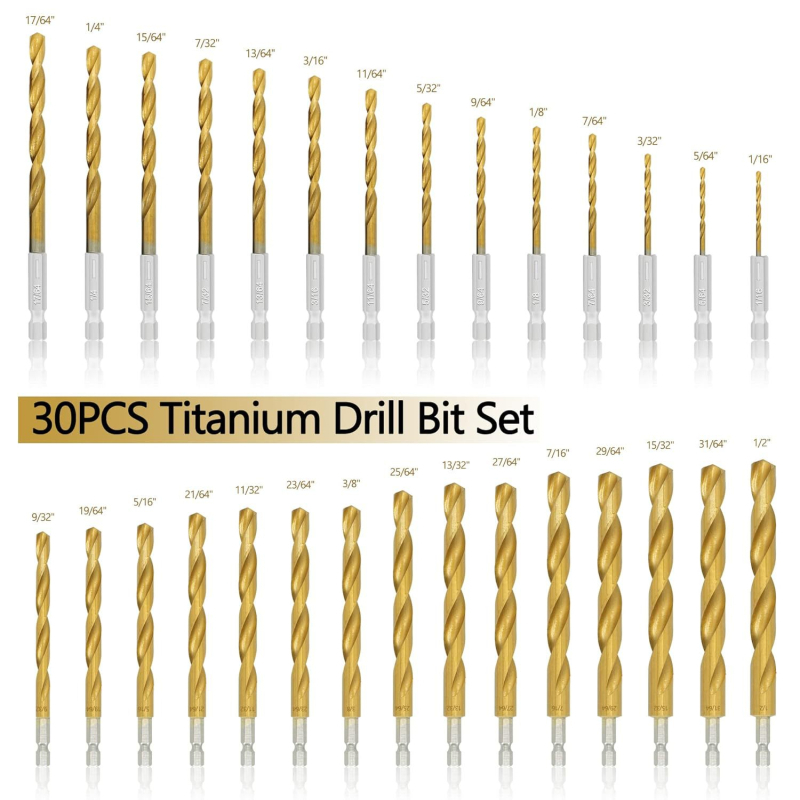 30-osaline puuride komplekt kiirterasest terasest titaniumpinnaga ja kuuskantse varrega, plastikust karbis