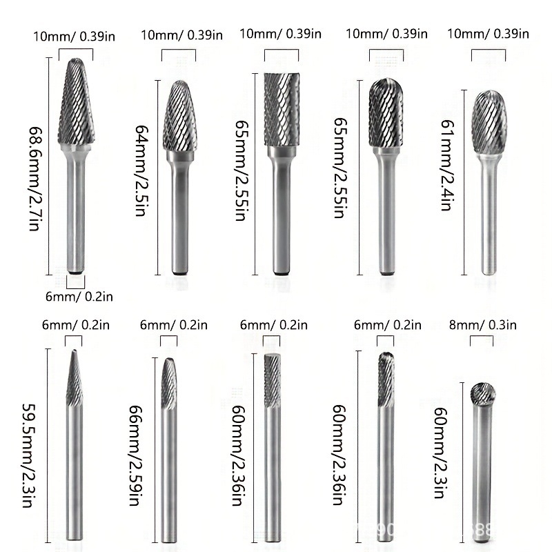 10 vnt volframo karbido burrų rinkinys, dvigubo pjovimo, kietasis karbidas, skirtas rotaciniams įrankiams