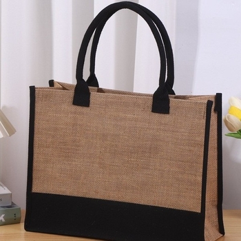 Geantă Tote din bumbac și in, stil urban minimalist, formă orizontal pătrată, deschiderea deschisă, buzunar intern pentru telefon
