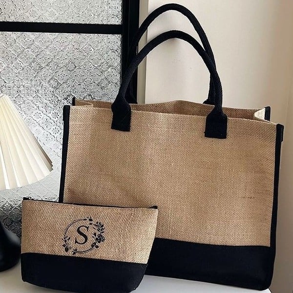 Geantă Tote din bumbac și in, stil urban minimalist, formă orizontal pătrată, deschiderea deschisă, buzunar intern pentru telefon