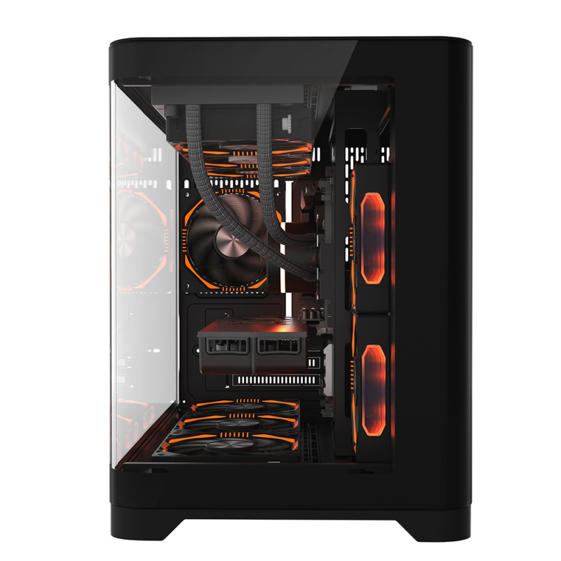Θήκη υπολογιστή για επιφάνεια εργασίας με υδρόψυξη 360 mm, συμβατή με ATX μητρικές, πλευρικός πάνελ από καμπύλο γυαλί χωρίς στύλους, κατασκευή από ψυχροκυλιόμενο χάλυβα, εμπρόσθια USB 3.0