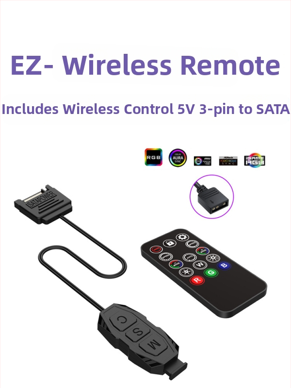 RC-01 ARGB контролер с 5V, 3-пинов ARGB интерфейс за осветление на корпусни вентилатори, безжично RGB дистанционно управление, SATA захранване