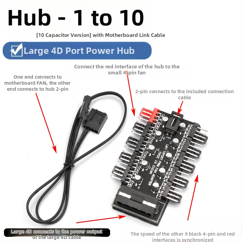 Хъб за вентилатори, 10-канален интелигентен контрол на температурата, 4-пинов PWM, захранване чрез SATA, OEM готов
