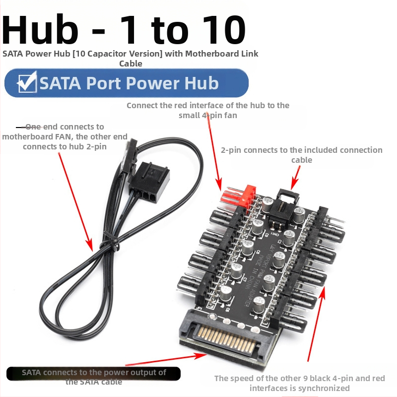 Хъб за вентилатори, 10-канален интелигентен контрол на температурата, 4-пинов PWM, захранване чрез SATA, OEM готов