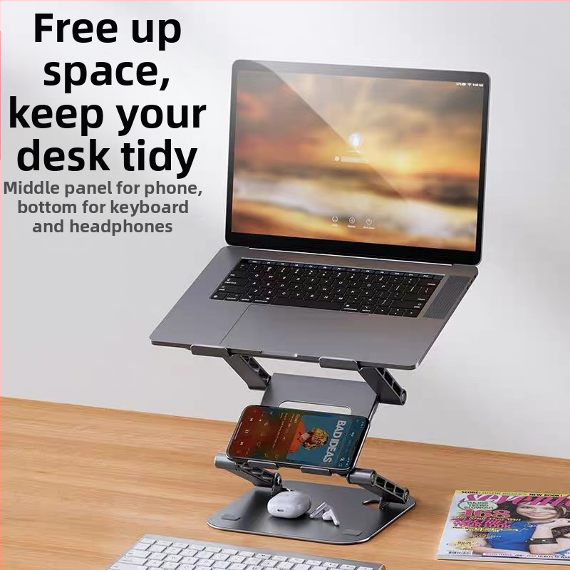 Подставка за лаптоп с три слоя регулиране на височината, карбонова стомана, повдигащ настолен тип, съвместима с лаптопи до 15,6 инча, тегло 1,5 кг