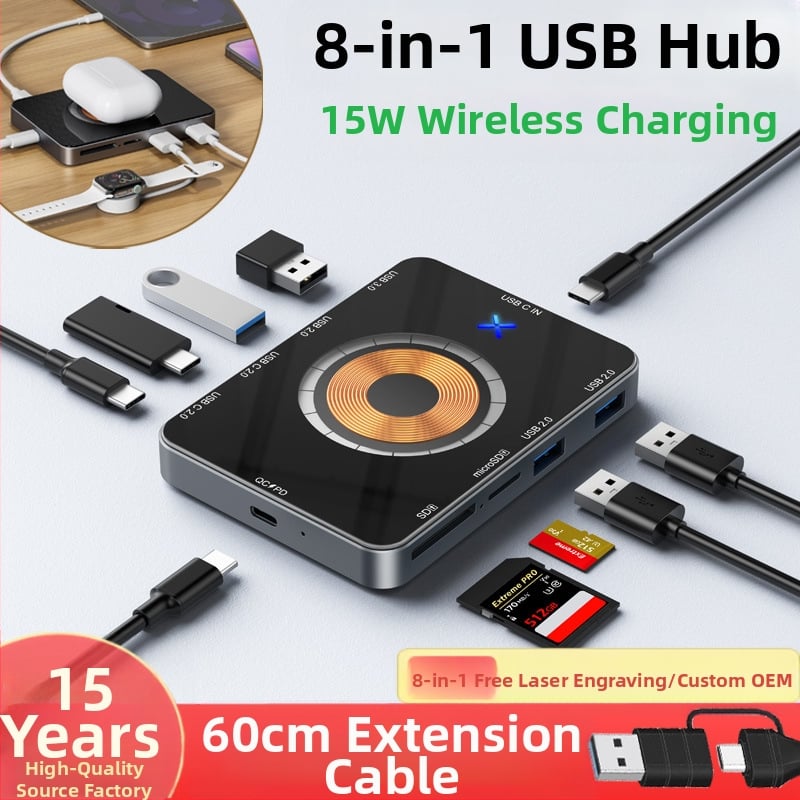 USB 3.0 hubo plėtimo stovas – Type-C jungtis, 5 Gbps, 60 cm kabelis, modelis YC7209, išorinis maitinimas