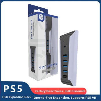 PS5 USB hub plėtinys su 4 USB 2.0 prievitais, 1 USB 3.0 prievitu ir 1 USB-C prievitu; be išorinio maitinimo; svoris 52,3 g