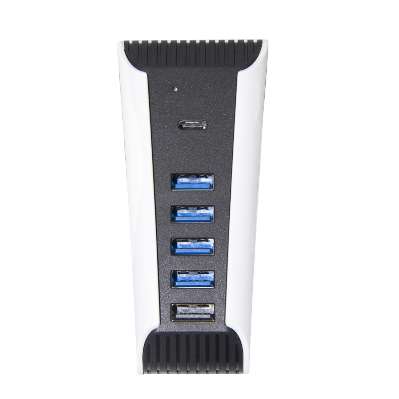 PS5 USB hub plėtinys su 4 USB 2.0 prievitais, 1 USB 3.0 prievitu ir 1 USB-C prievitu; be išorinio maitinimo; svoris 52,3 g