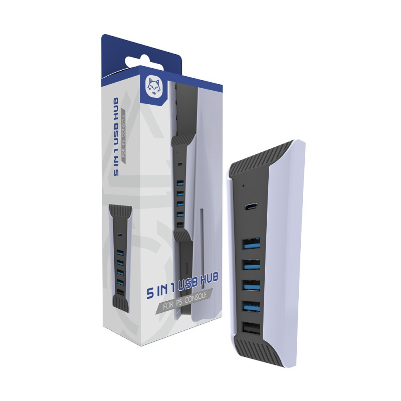 PS5 USB hub plėtinys su 4 USB 2.0 prievitais, 1 USB 3.0 prievitu ir 1 USB-C prievitu; be išorinio maitinimo; svoris 52,3 g